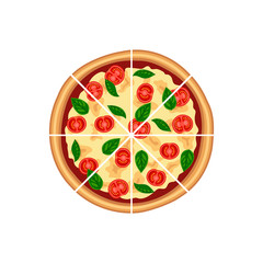 Tasty sliced pizza margherita with tomato, cheese, basil top view isolated on white background. Flat traditional italian fast food icon. Vector illustration for web, advert, menu