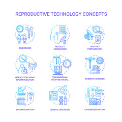 Obraz premium Reproductive technology blue concept icons set. In vitro fertilization. Semen, embryo donor. Alternative pregnancy idea thin line RGB color illustrations. Vector isolated outline drawings