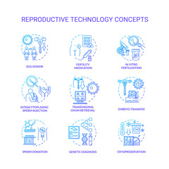 Reproductive technology blue concept icons set. In vitro fertilization. Semen, embryo donor. Alternative pregnancy idea thin line RGB color illustrations. Vector isolated outline drawings