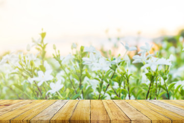 Shelf of Brown wood plank board with beautiful​ white flowers garden field farm with sunshine light​ nature blurred background.