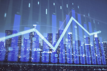 Forex chart on cityscape with tall buildings background multi exposure. Financial research concept.