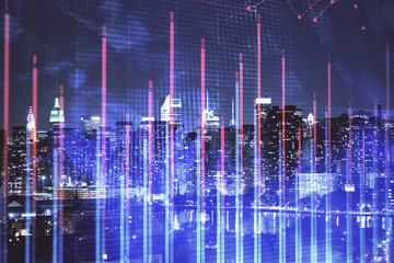 Double exposure of forex chart drawings over cityscape background. Concept of success.