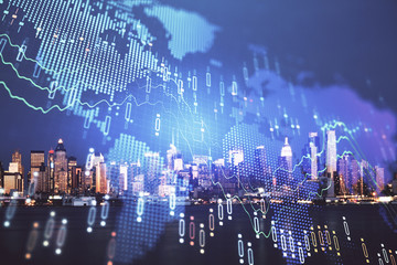 Financial graph on night city scape with tall buildings background double exposure. Analysis concept.