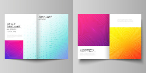 Vector layout of two A4 format modern cover mockups design templates for bifold brochure, magazine, flyer, booklet, annual report. Abstract geometric pattern with colorful gradient business background