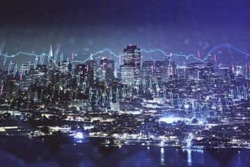 Plakat Financial graph on night city scape with tall buildings background double exposure. Analysis concept.