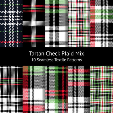 Seamless plaid pattern set. Dark tartan check plaid graphics in black, red, green, and white for flannel shirt, blanket, skirt, duvet cover, or other modern autumn and winter textile design.