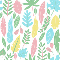 Ieaves hand drawn seamless pattern. Exotic, tropical foliage plant wrapping paper textile. Vector pastel color illustration.