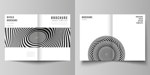 Vector layout of two A4 format modern cover mockups design templates for bifold brochure, flyer, booklet, report. Abstract 3D geometrical background with optical illusion black design pattern.