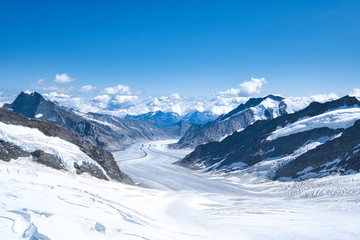 Fototapeta na wymiar Amazing panorama view of Alpine mountains and valleys from Jungfrau mountain (Top of Europe) 