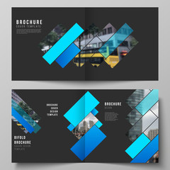 The vector illustration layout of two covers templates for square design bifold brochure, magazine, flyer, booklet. Abstract geometric pattern creative modern blue background with rectangles.