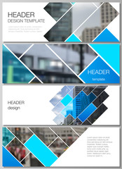 The minimalistic vector illustration of the editable layout of headers, banner design templates. Abstract geometric pattern creative modern blue background with rectangles.