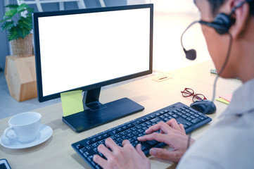 Close up computer isolated white screen with business people.