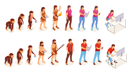 Human evolution, vector icons of man and woman from ape monkey to office worker. People evolution process from caveman primitives to modern life - obrazy, fototapety, plakaty