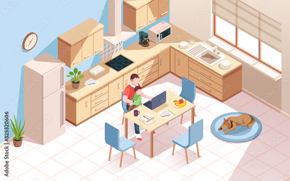 Poster remote worker at kitchen doing work and using notebook. man a cup of coffee and child at room with d