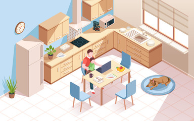 Remote worker at kitchen doing work and using notebook. Man a cup of coffee and child at room with dog. Freelancer employee at home work with kid. Isometric vector interior. Freelance, remote work