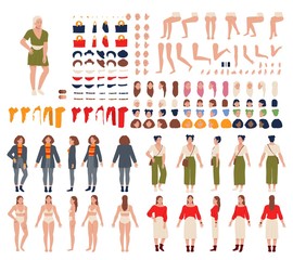 Woman cartoon character constructor set vector illustration. Woman in different poses, isolated editable body parts and clothes. Female character generator, constructor kit with interchangeable parts