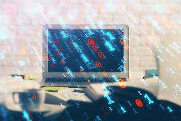 Multi exposure of desktop computer and technology theme hologram. Concept of software development.
