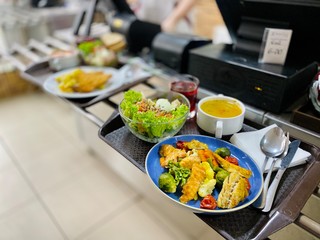 lunch in a cafe on a tray
