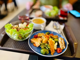 lunch in a cafe on a tray