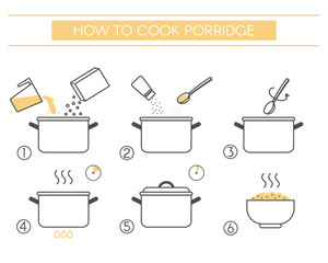 Instructions for the preparation of food. Steps how to cook porridge. Vector elements on a white background.