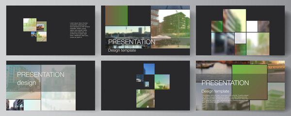 Fototapeta na wymiar Vector layout of the presentation slides design business templates, multipurpose template for presentation brochure, brochure cover. Abstract project with clipping mask green squares for your photo.