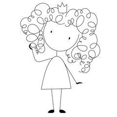 curly girl wearing crown. Curly hair care, hair stylist logo. haircut sketch. frizz hair concept.