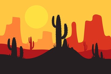 beautiful landscape of desert landscape with cactus mountains, abstract desert background vector illustration template suitable for landing page banner magazin poster and others
