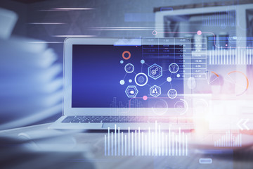 Technology theme drawing and table with computer. Multi exposure. Concept of information.