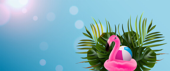 Tropical bird with jungle floral. Flamingo banner. Floral illustration. Vector jungle illustration. Colorful inflatable flamingo © LuxMockup