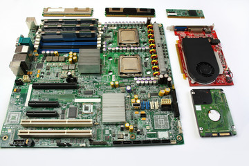 Computer parts: motherboard, graphics card, ram memory, hard disk