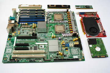 Computer parts: motherboard, graphics card, ram memory, hard disk