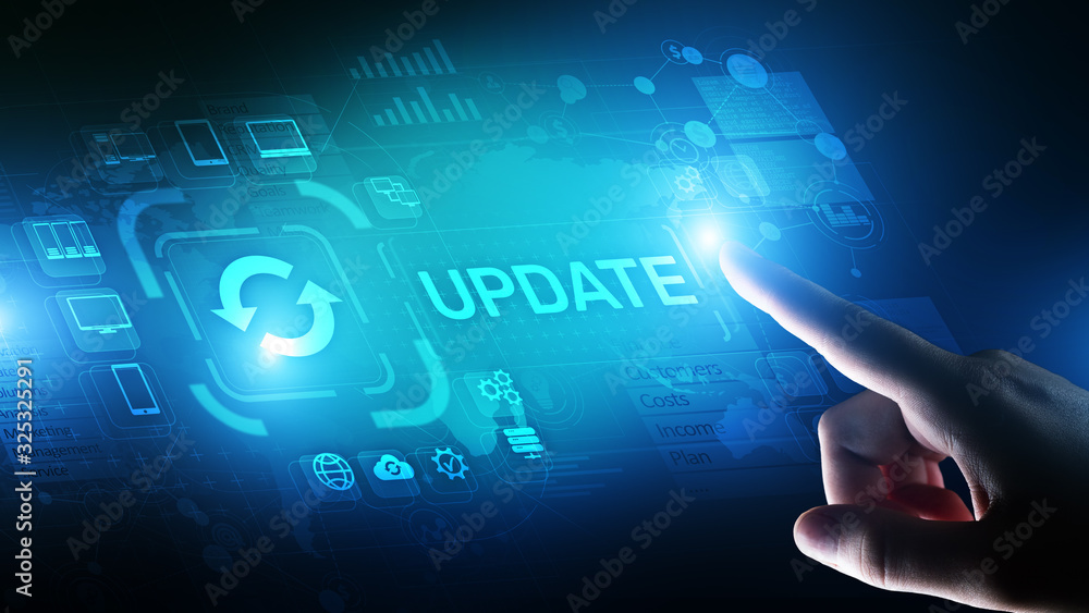 Poster update system upgrade software version technology concept on virtual screen.