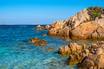 Panoramic view of the - Emerald Cost - seaside in Capriccioli beach tourist destination and resort at the Tyrrhenian Sea coast in Sassari region of Sardinia, Italy