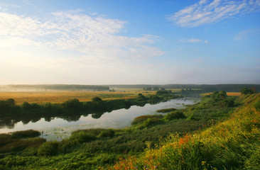 Rural landscape with a river at summer time