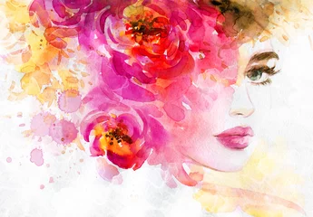 Rolgordijnen vrouw met bloemen. schoonheid achtergrond. mode illustratie. aquarel schilderen © Anna Ismagilova