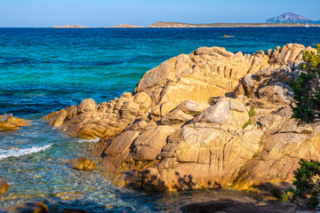 Panoramic view of the Costa Smeralda - Emerald Cost - seaside in Capriccioli beach tourist destination and resort at the Tyrrhenian Sea coast in Sassari region of Sardinia, Italy
