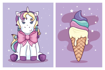 cute unicorn fantasy with delicious ice cream vector illustration design