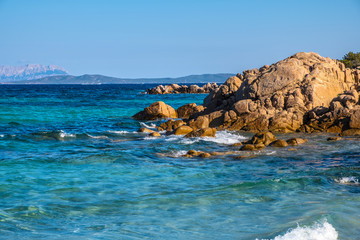 Panoramic view of the - Emerald Cost - seaside in Capriccioli beach tourist destination and resort at the Tyrrhenian Sea coast in Sassari region of Sardinia, Italy