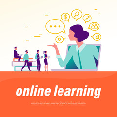 Online learning concept. People with device at laptop, lady teacher metaphor, video, social media, communication icons. Vector flat illustration.
