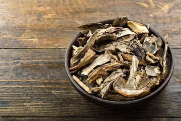 Dried mushrooms boletus sliced on a plate.