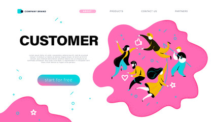 Online customer review concept. Tiny people with positive feedback line icons, like, star, thumb up. Landing page design template, mobile app, ui. Vector flat illustration.