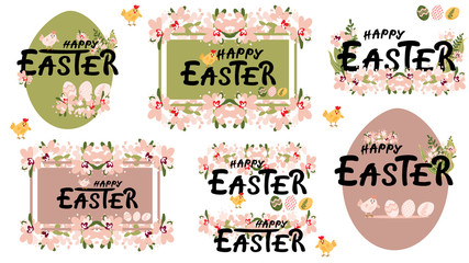 Set Happy Easter banner design. Frame of Easter Chick, eggs and spring flowers. Invitation for Easter spring holiday. Vector decorative border in green, beige and white colors.