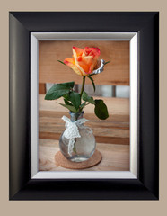 Hybrid orange rose in glass vase. One rose with metallic petals. Decorative heart on vase