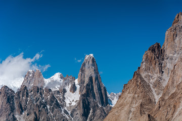 View of Uli Biaho Tower with cloud from Urdukas Camp, Pakistan