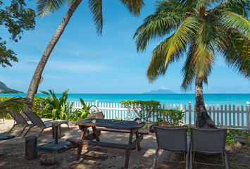 Famous beach Beau Vallon, the most beautiful beach at island Mahe, Seychelles