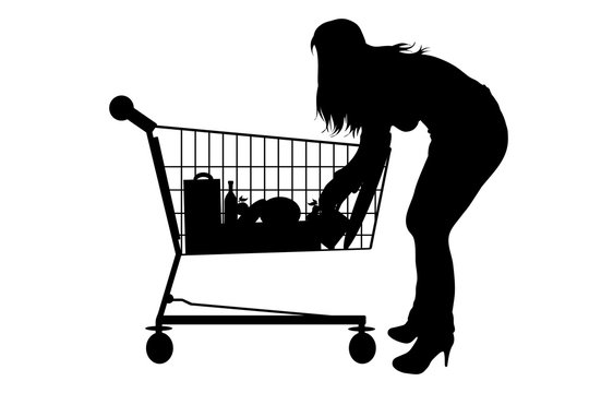 recommend clip art: Vector silhouette of woman push shopping cart on white background. Symbol of shop accessories.