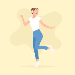 Happy young woman listening and dancing to music or song with headphone plugged to smartphone or phone. Girl enjoying music - Simple flat vector illustration.