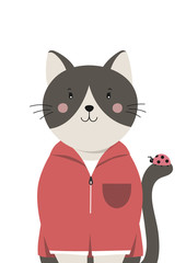 Cute cat. Little kitty with ladybug on the tail. Childish print for nursery, poster, postcard. Can be used for fashion t-shirt design. Vector.