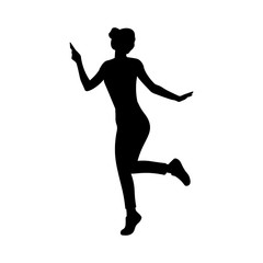 Happy young woman listening and dancing to music or song with headphone plugged to smartphone or phone. Running girl panic and scared. Girl enjoying music - Simple flat vector silhouette illustration.