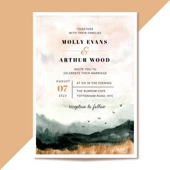 wedding invitation with abstract landscape watercolor background